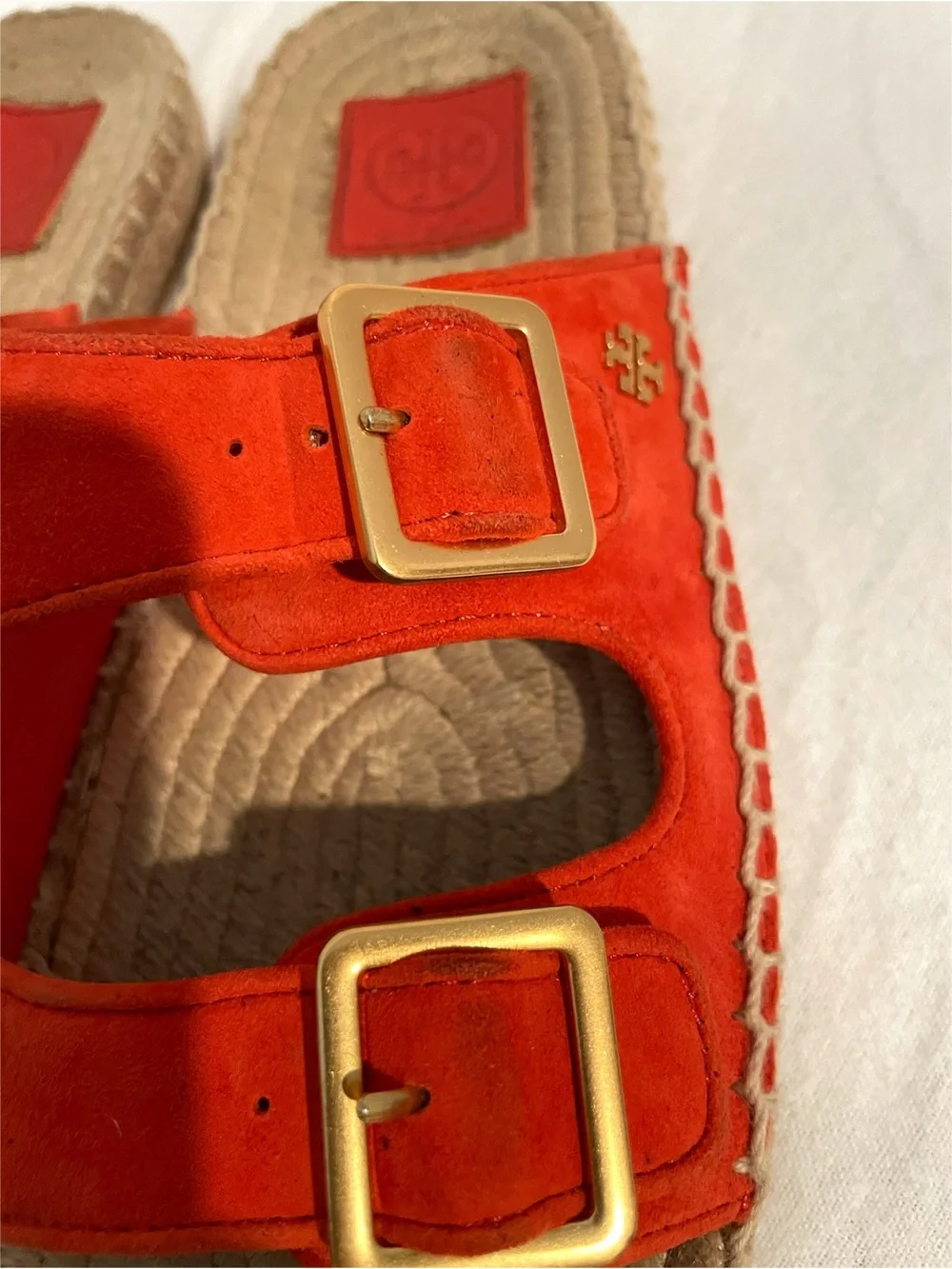 Tory Burch Orange Suede Espadrille Slide Sandals Buckle Logo Women’s US 7.5